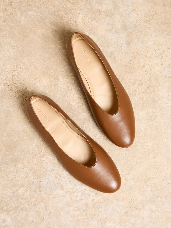 Leather Ballerina Flats, Brown, large