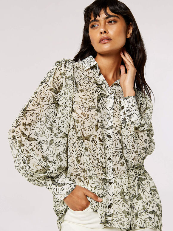Illustrated Birds Chiffon Shirt, Cream, large