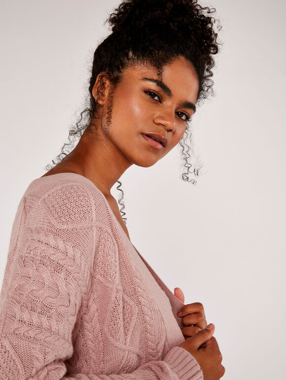 Cable Knit Cardigan, Pink, large