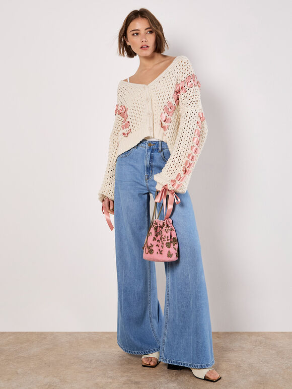 Chunky Knit Cropped Bow Cardigan, Stone, large