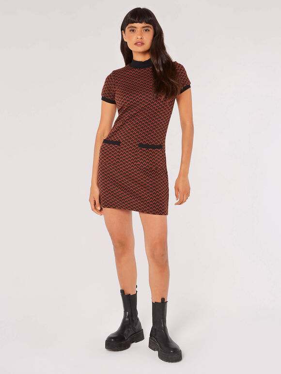 Chevron Jacquard Knit Mini Dress, Rust, large
