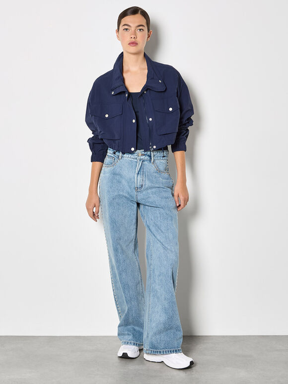 Sporty Cropped Jacket, Navy, large