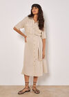 Linen Blend Utility Shirt Midi Dress, Stone, large