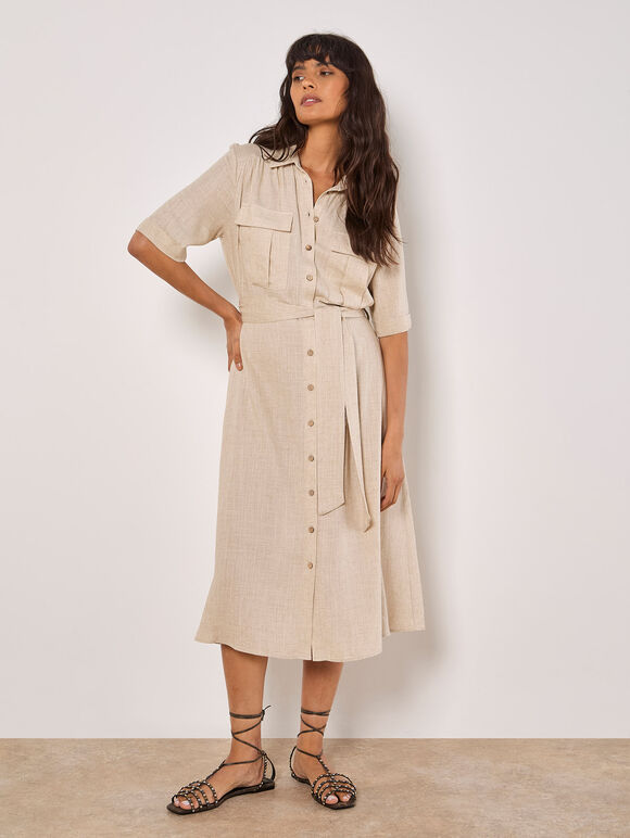 Linen Blend Utility Shirt Midi Dress, Stone, large