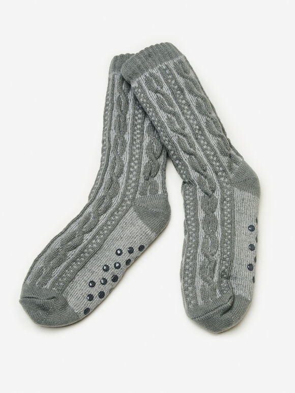 Fluffy Lining Aran Knit Socks, Grey, large