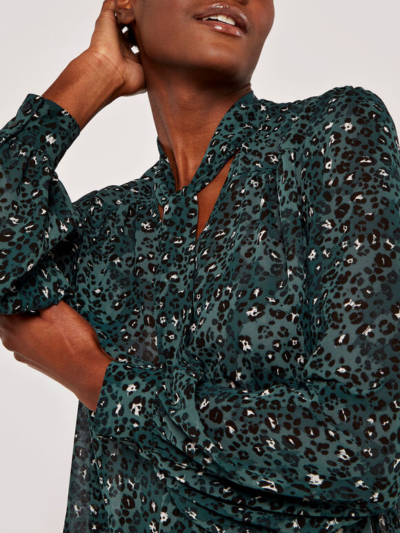 Leopard Pussybow Blouse, Green, large