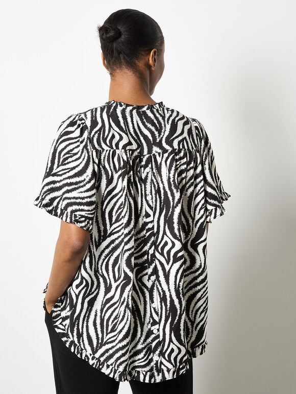 Zebra Swirl Tassel Tie Ruffle Top, Black, large