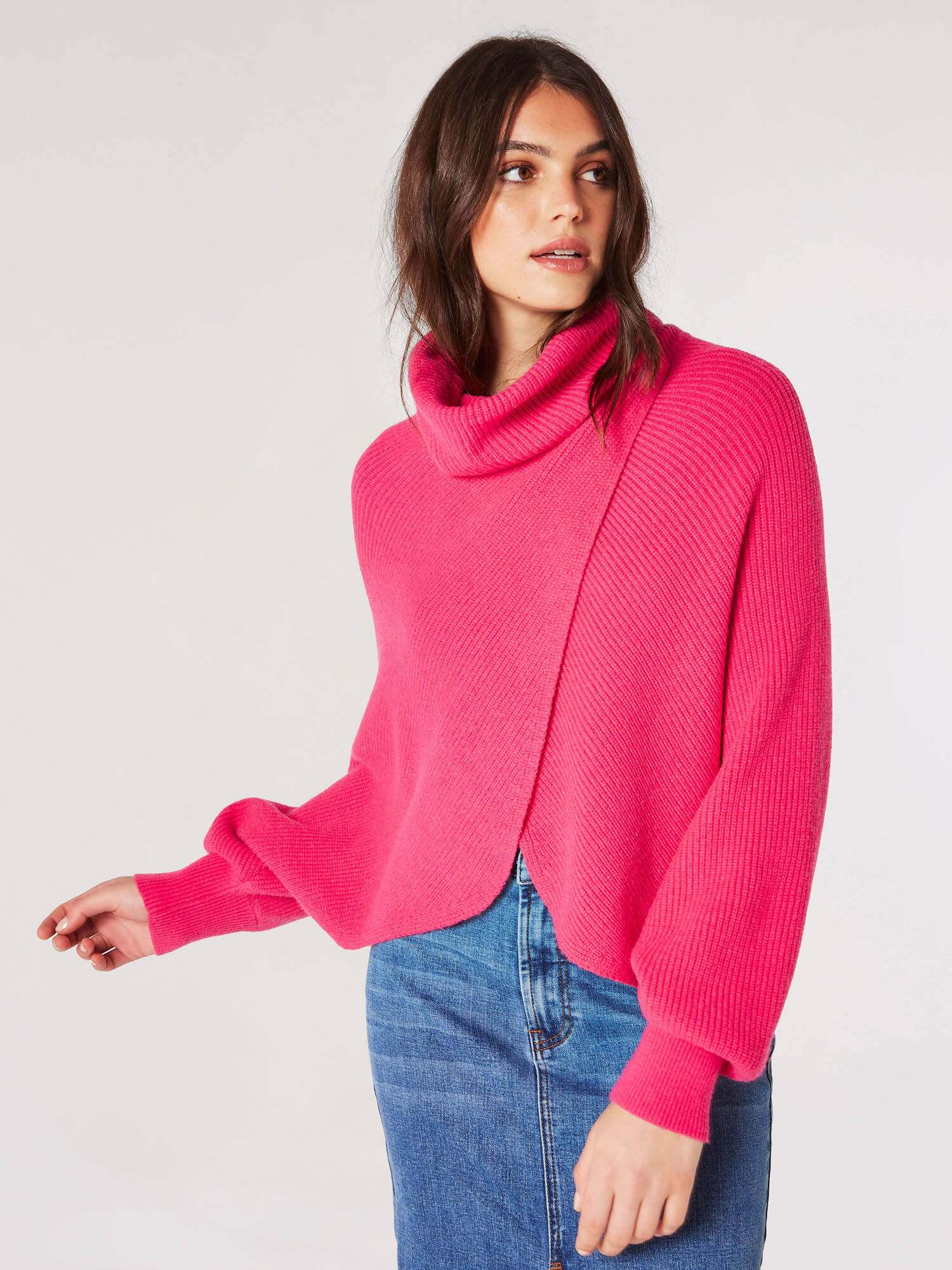 Cowl Neck Ribbed Wrap Jumper Apricot Clothing