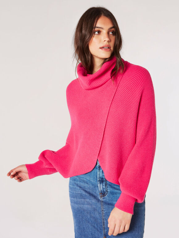 Cowl Neck Ribbed Wrap Jumper, Fuchsia, large