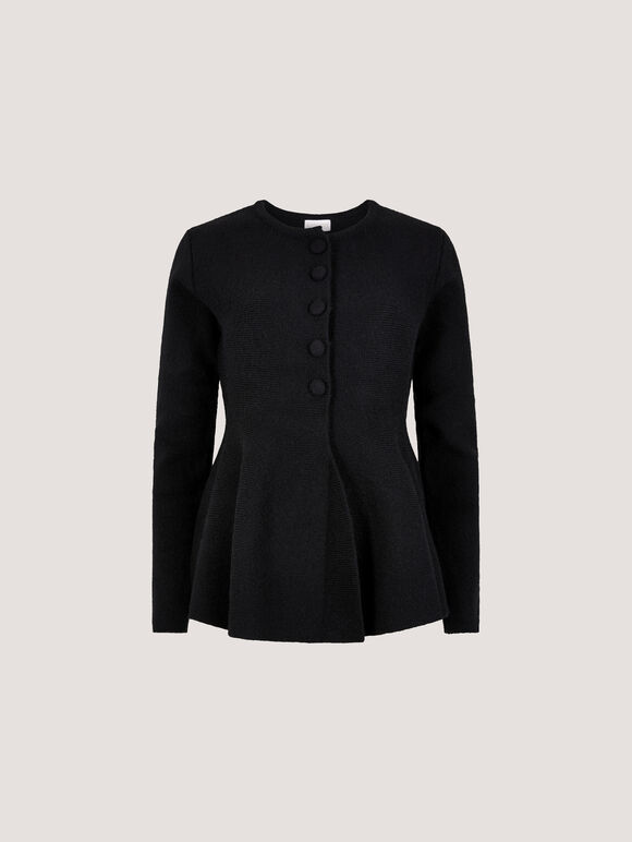 Peplum Hem Rbbed Knit Cardigan, Black, large