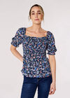 Smocked Ditsy Print Top, Navy, large