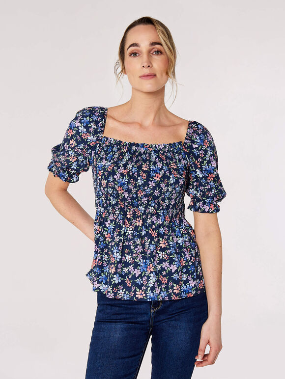 Smocked Ditsy Print Top, Navy, large