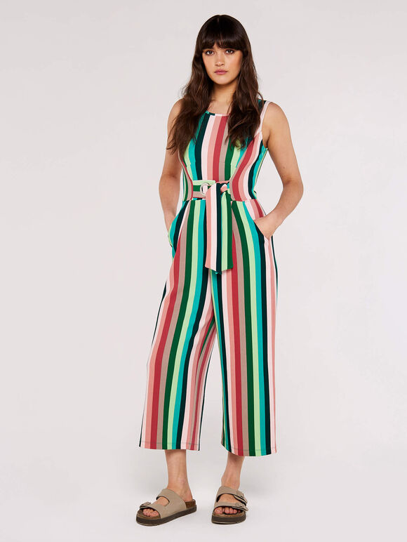 Multi-stripe Tie Waist Jumpsuit, Green, large