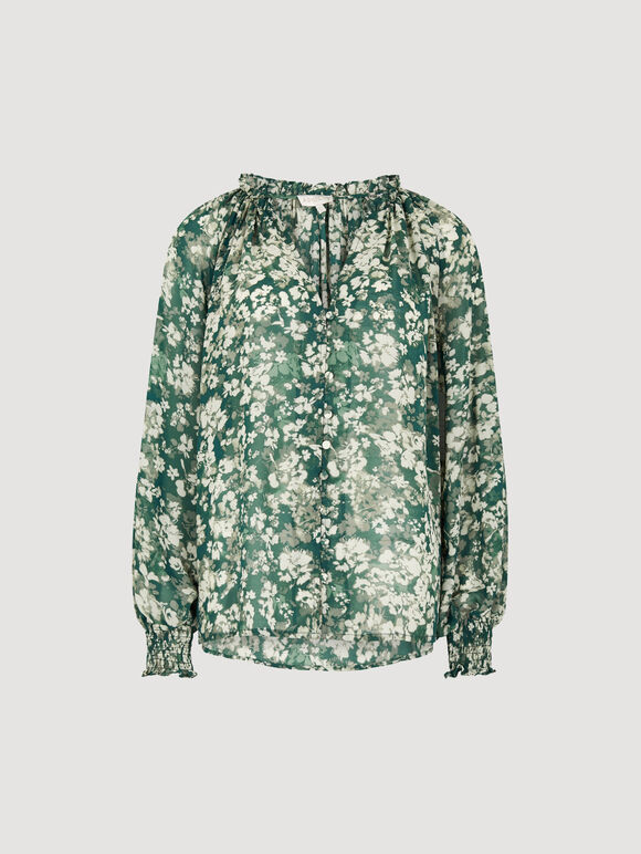 Blurred Floral Chiffon Blouse, Green, large