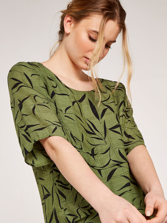 Bamboo Leaf Print Top, Khaki, large
