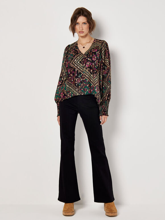 Gold Foil Floral Blouse, Black, large
