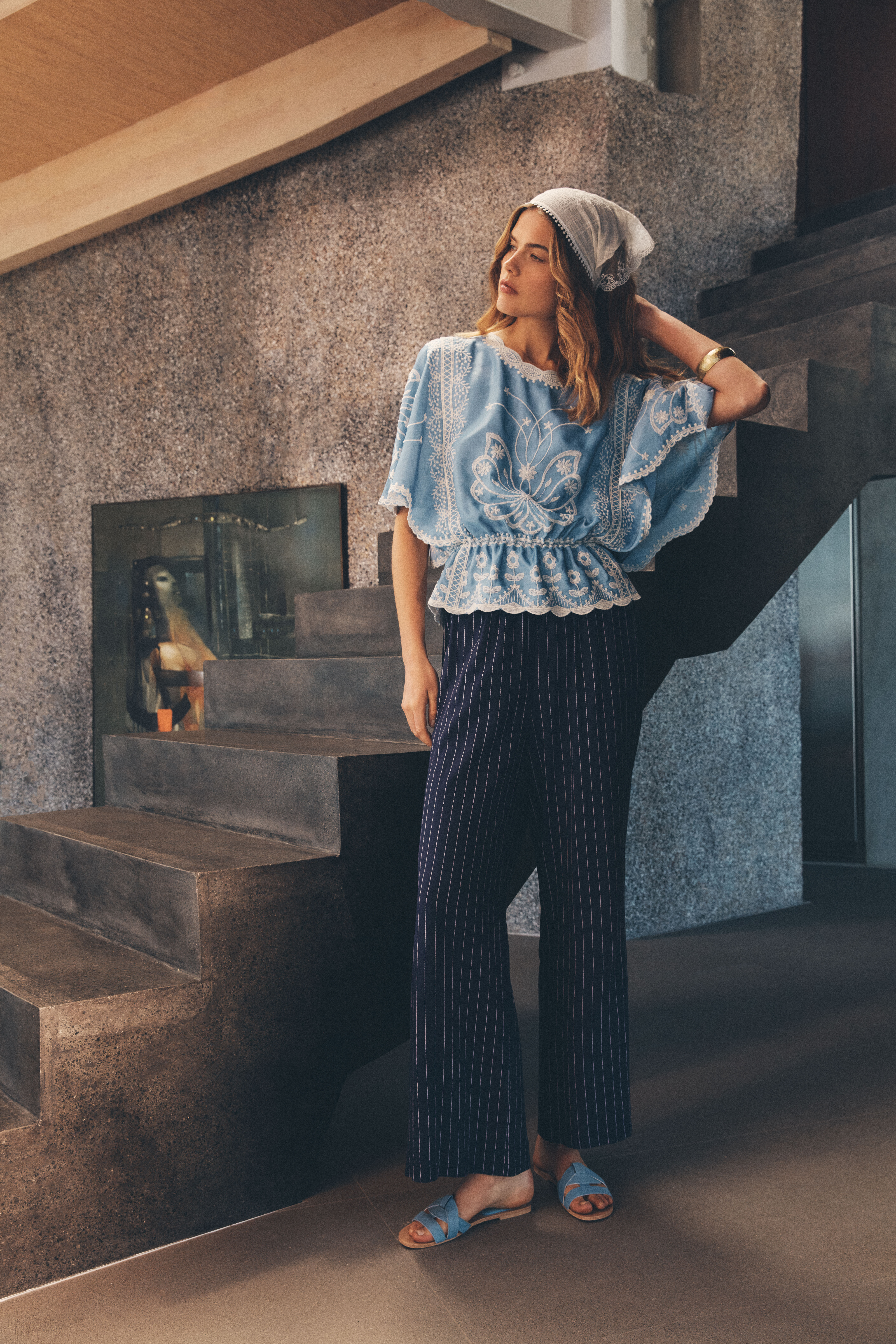 Pinstripe Linen Blend Wide-Leg Trousers | Apricot Clothing