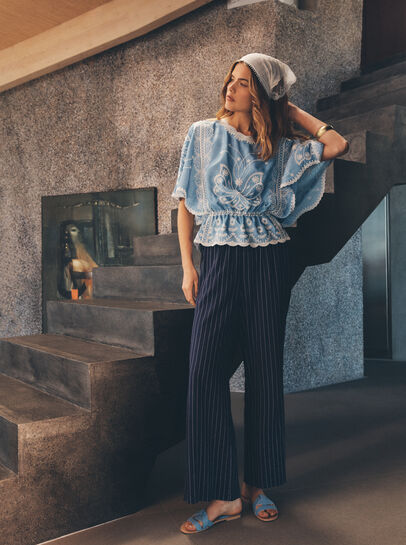 Pinstripe Linen Blend Wide-Leg Trousers