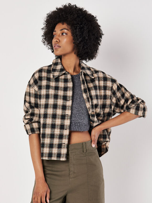 Cropped Check Shacket, Black, large