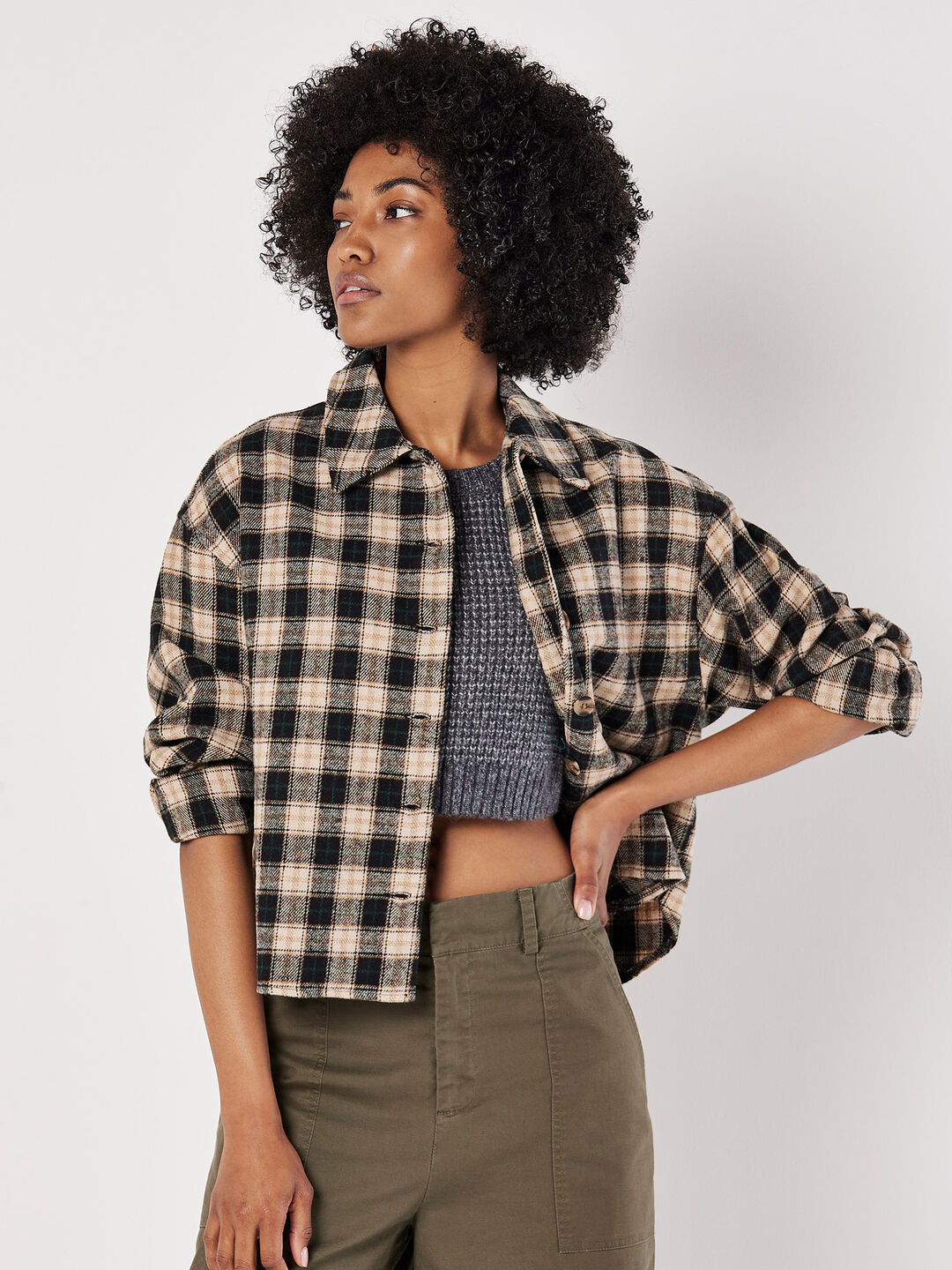 Apricot Women's Cropped Check Shacket in Black | Size: 16