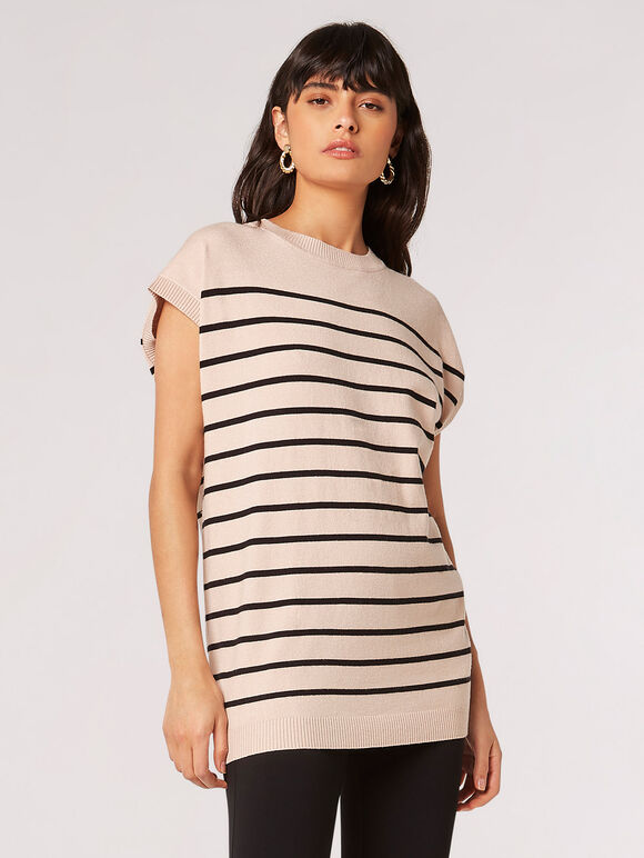 Breton Stripe Longline Knitted Top, Stone, large