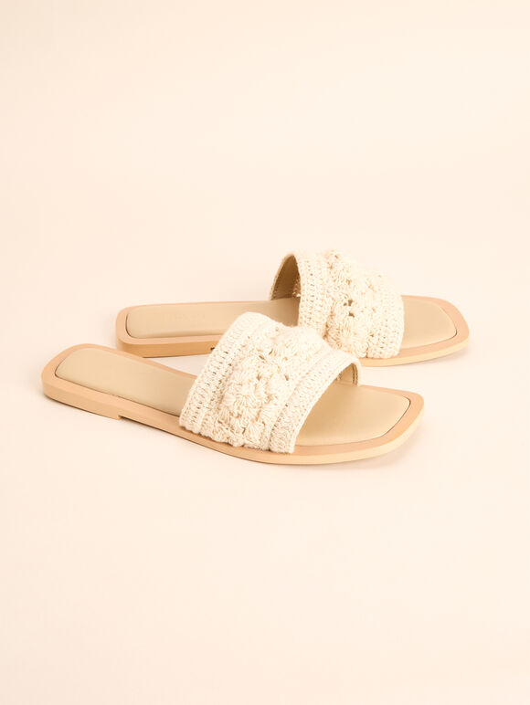Hand-Crocheted Raffia Mule Sandals, White, large