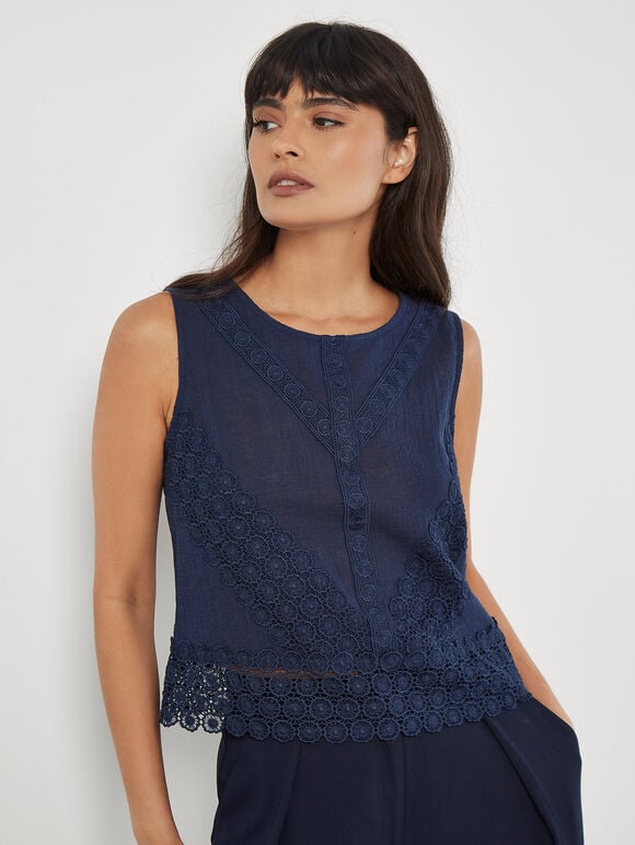 Cotton Lace Bow Top, Navy, large