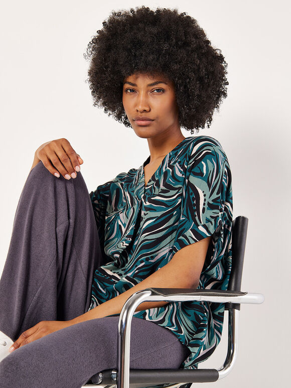 Abstract Print Pleat Blouse, Green, large