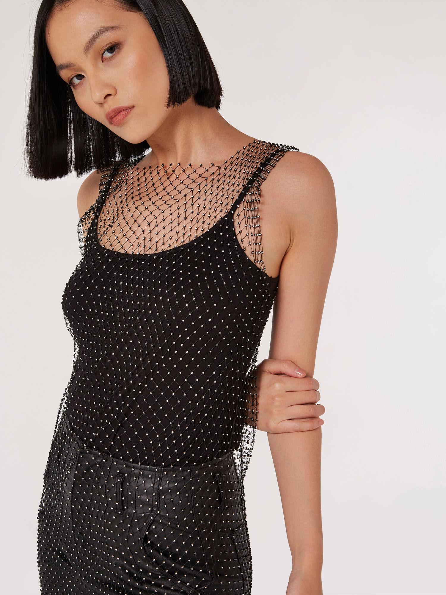 Rhinestone Mesh Mini Dress Apricot Clothing