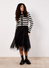 Stripe Knit Bodice Tulle Midi Dress, Black, large
