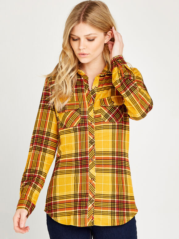Yellow Retro Plaid Shirt, Mustard, large