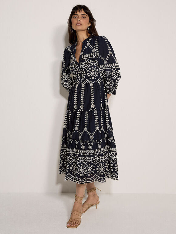 Floral Broderie Anglaise Midi Dress, Navy, large