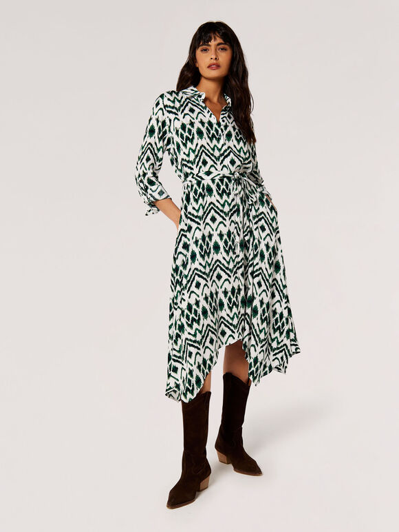 Ikat Shirt Midi Dress, Green, large