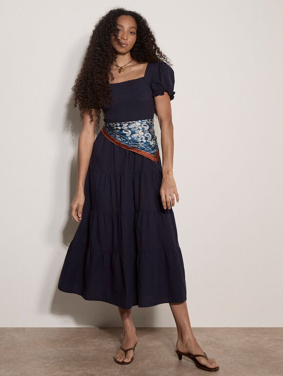 Cotton Tiered Milkmaid Midi Dress, Navy, large
