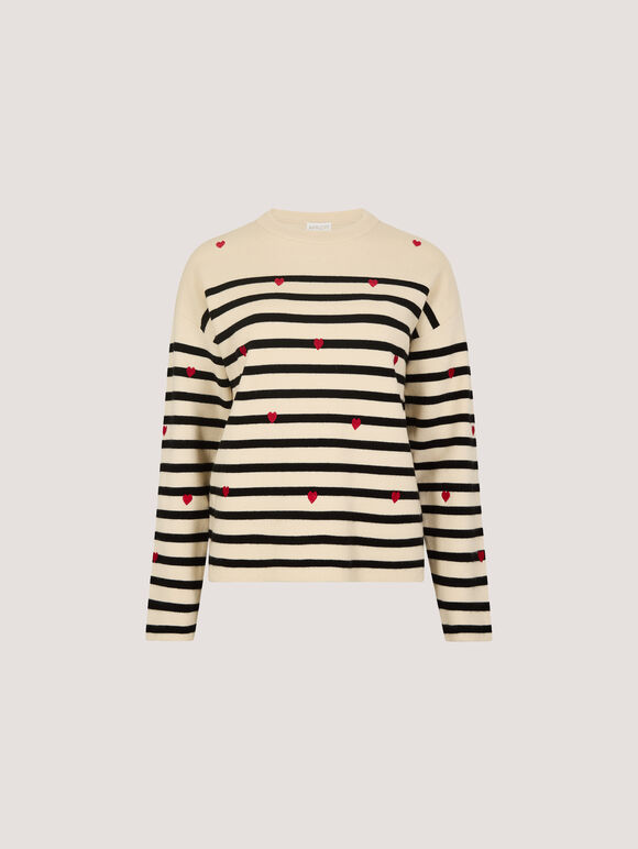 Heart Embroidered Stripe Jumper, Stone, large