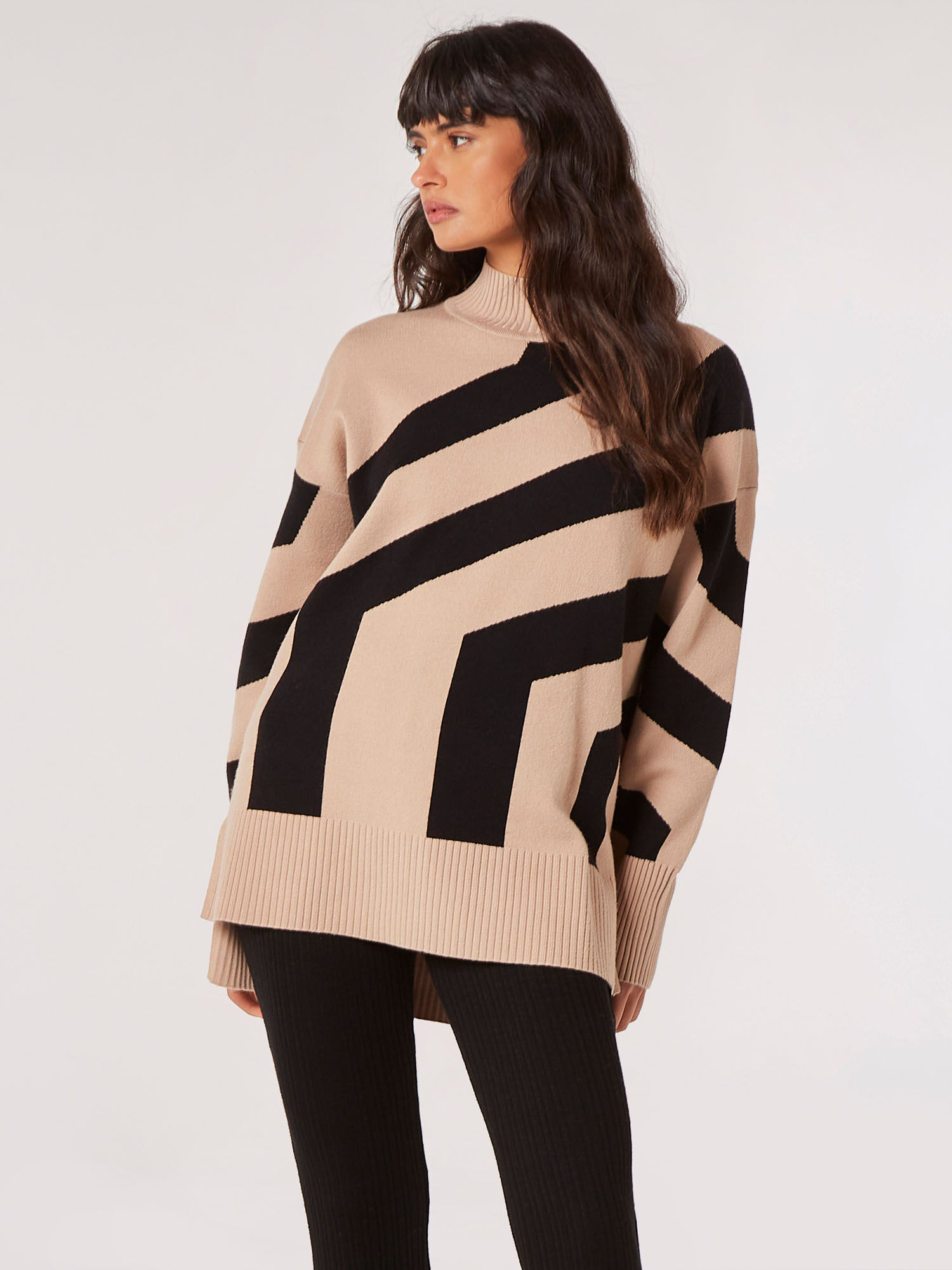 Oversized Geometric Stripe Jumper Apricot Clothing