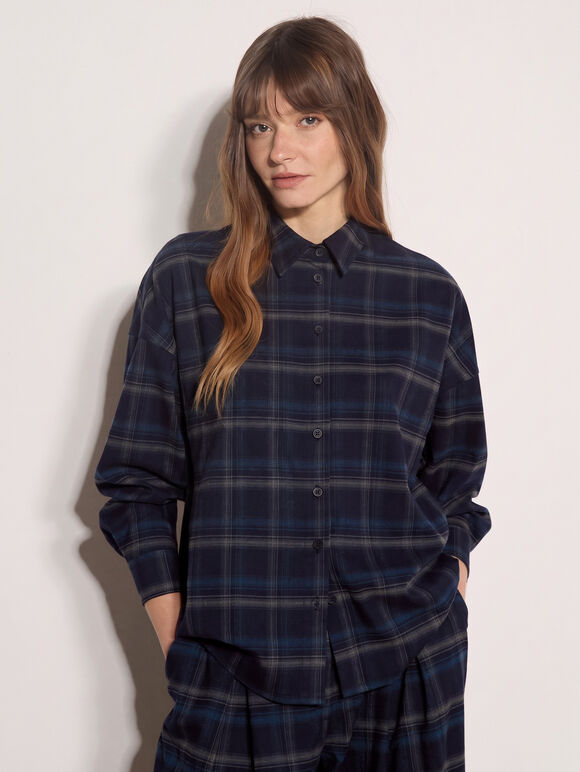 Oversized Check Print Shirt, Navy, large