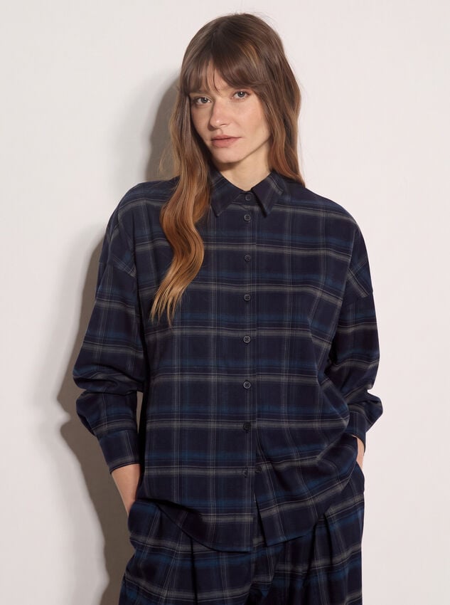 Oversized Check Print Shirt, Navy, large