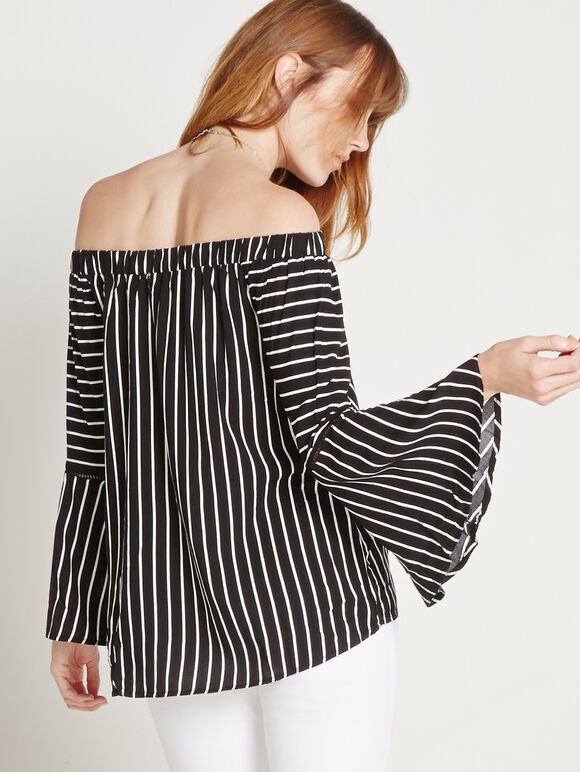 Stripe Bardot Blouse, Black, large