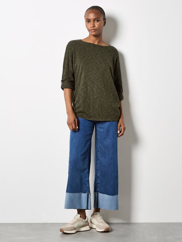 Cotton Blend Ruched Side Jumper, Khaki, large