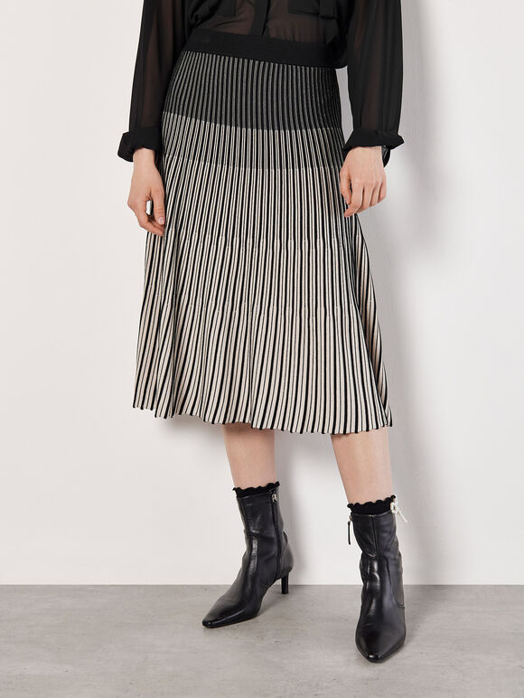 Gradiating Stripe Ribbed Knit Midi Skirt, Black, large