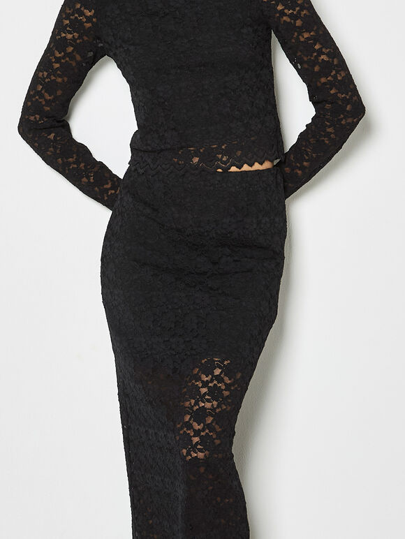 Floral Leaf Lace Midi Skirt, Black, large