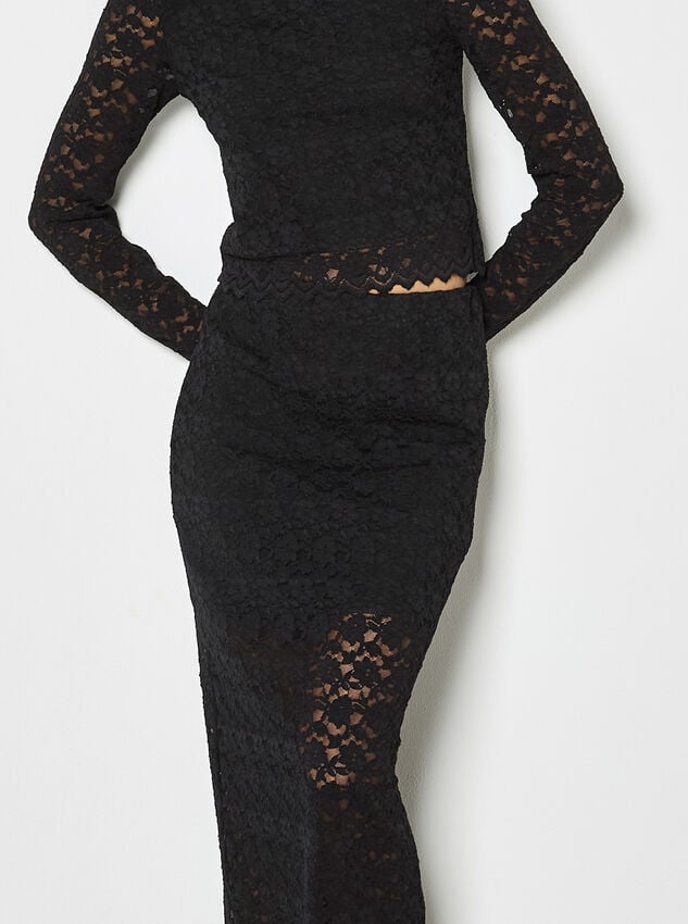 Floral Leaf Lace Midi Skirt, Black, large