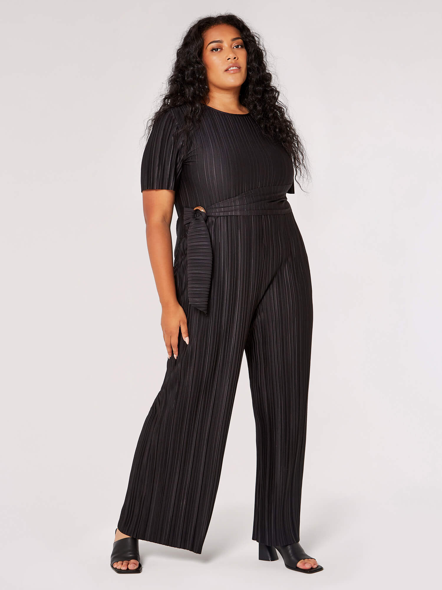 Curve Plisse Wide Leg Jumpsuit Apricot Clothing