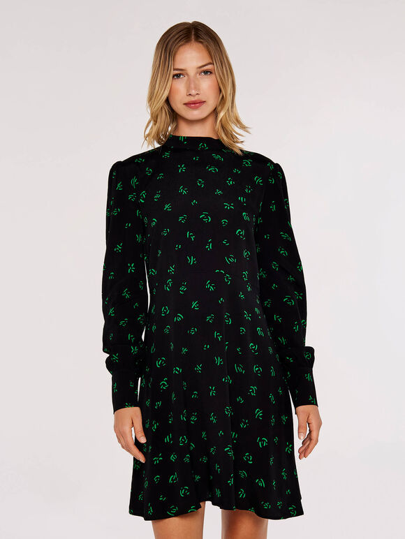 Scribble Print Empire Dress, Black, large