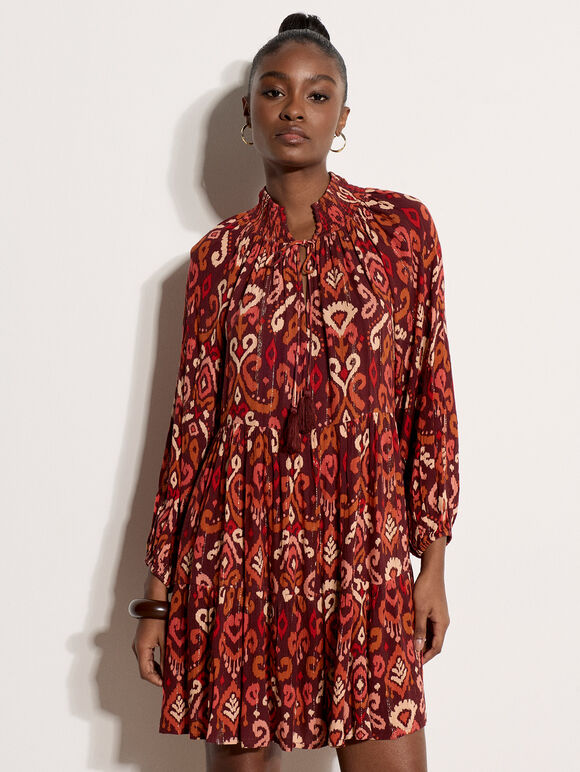 Shimmer Ikat Babydoll Midi Dress, Burgundy, large