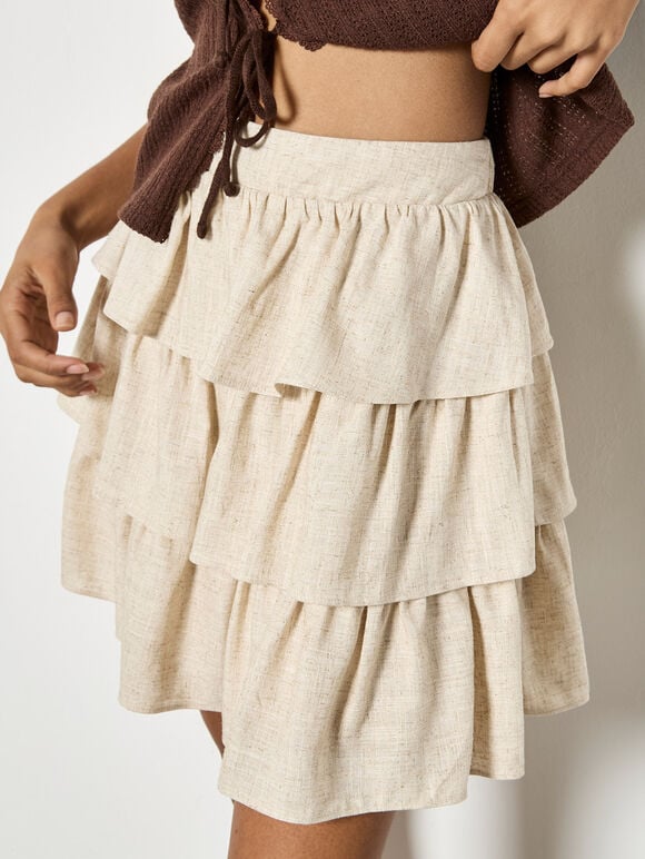Linen Blend Ruffle Mini Skirt, Stone, large
