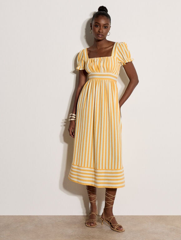 Stripe Milkmaid Midaxi Dress, Yellow, large