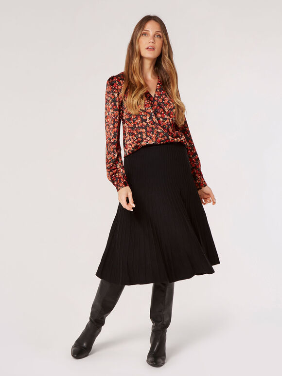 Painterly Floral Wrap Top, Black, large