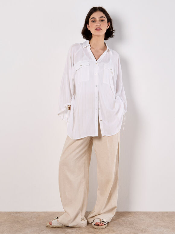 Oversized Longline Shimmer Shirt, White, large